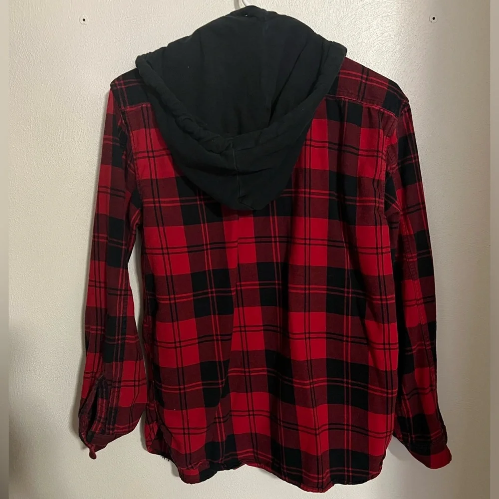 ORIGINAL USE Red and Black Flannel Button Down Shirt with Removable Hood Wms‎ S
